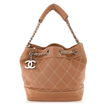 Chanel Lambskin Contrast Stitch Small Drawstring Tote Dark Beige 1 of 10