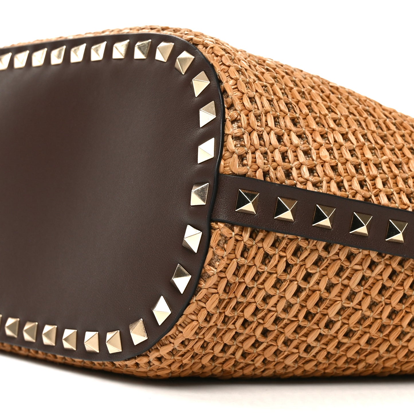 Synthetic Raffia Calfskin Rockstud Garden Tote Bag Tobacco Cacao