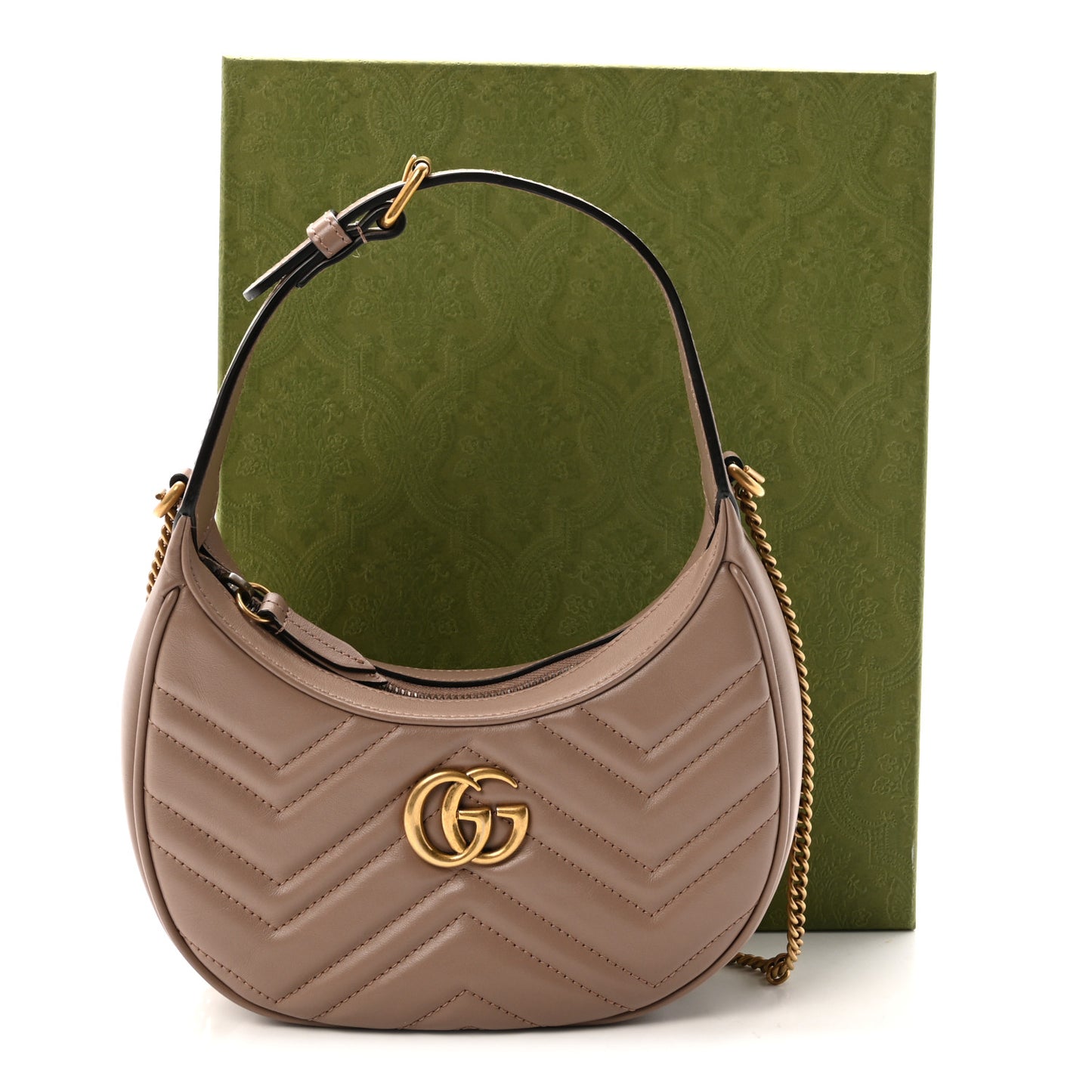 Calfskin Matelasse Chevron Mini GG Marmont Half Moon Hobo Porcelain Rose