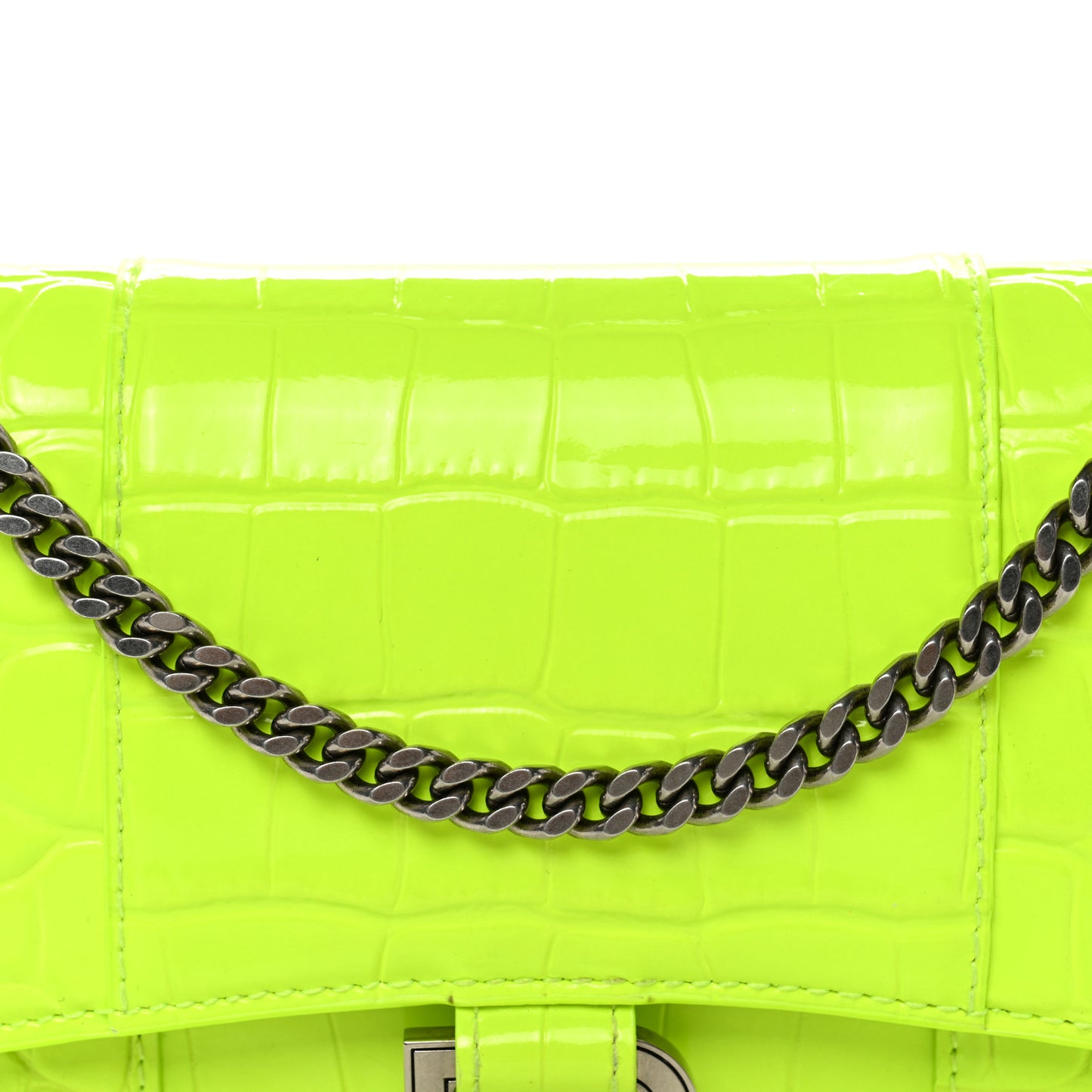 Shiny Calfskin Crocodile Embossed Hourglass Chain Bag Fluo Yellow