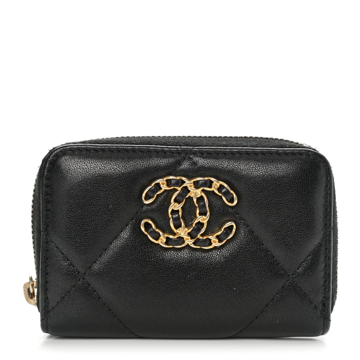 Shiny Goatskin Quilted Chanel 19 Zip Around Coin Purse Wallet Black