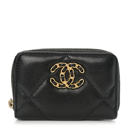 Chanel Shiny Goatskin Quilted Chanel 19 Zip Around Coin Purse Wallet Black 1 of 8