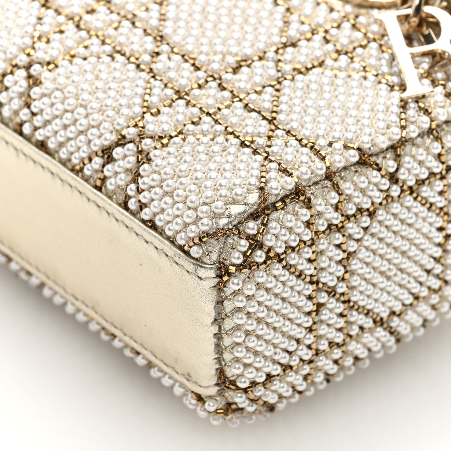 Christian Dior Lambskin Pearl Embroidered Micro Lady D-Joy Gold