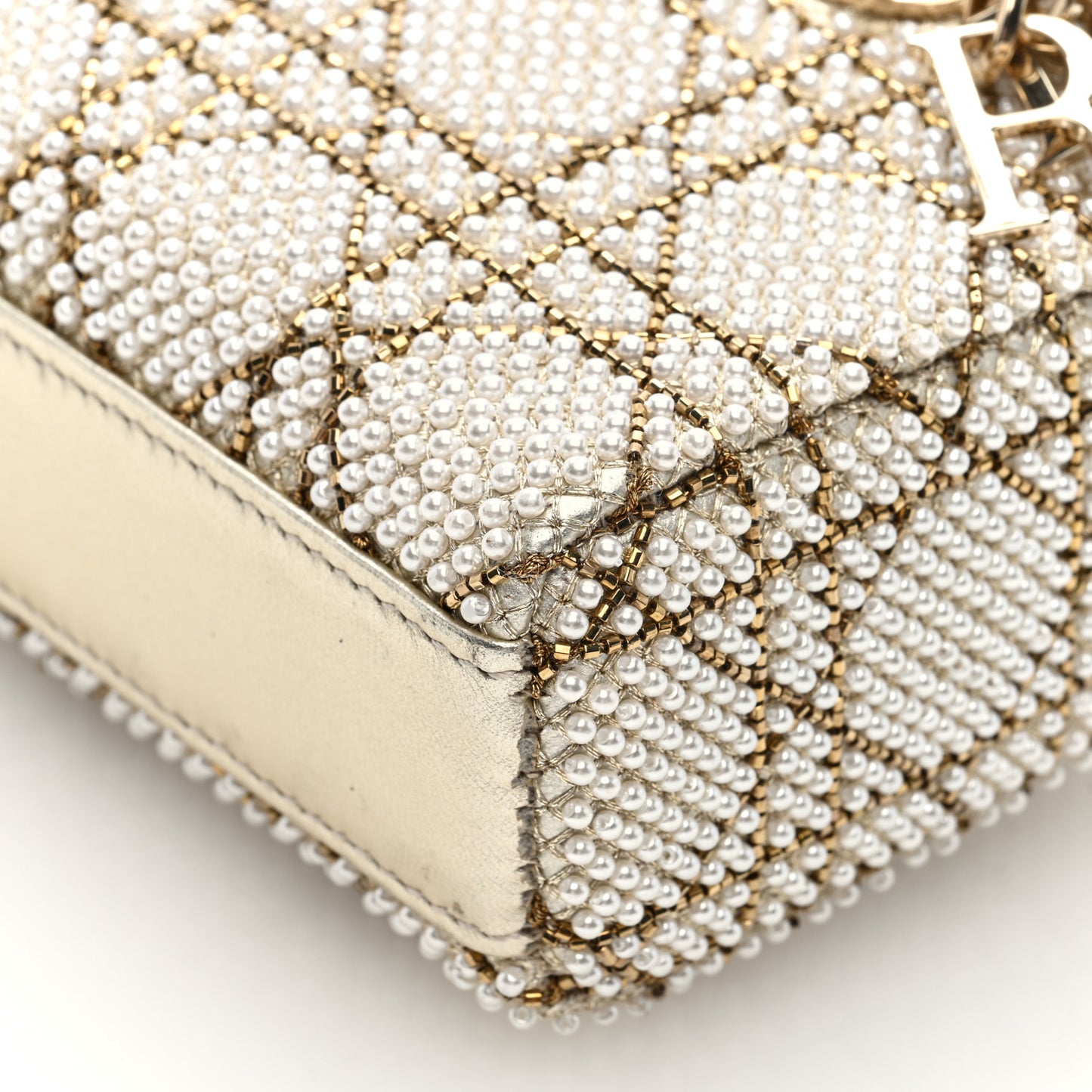 Lambskin Pearl Embroidered Micro Lady D-Joy Gold