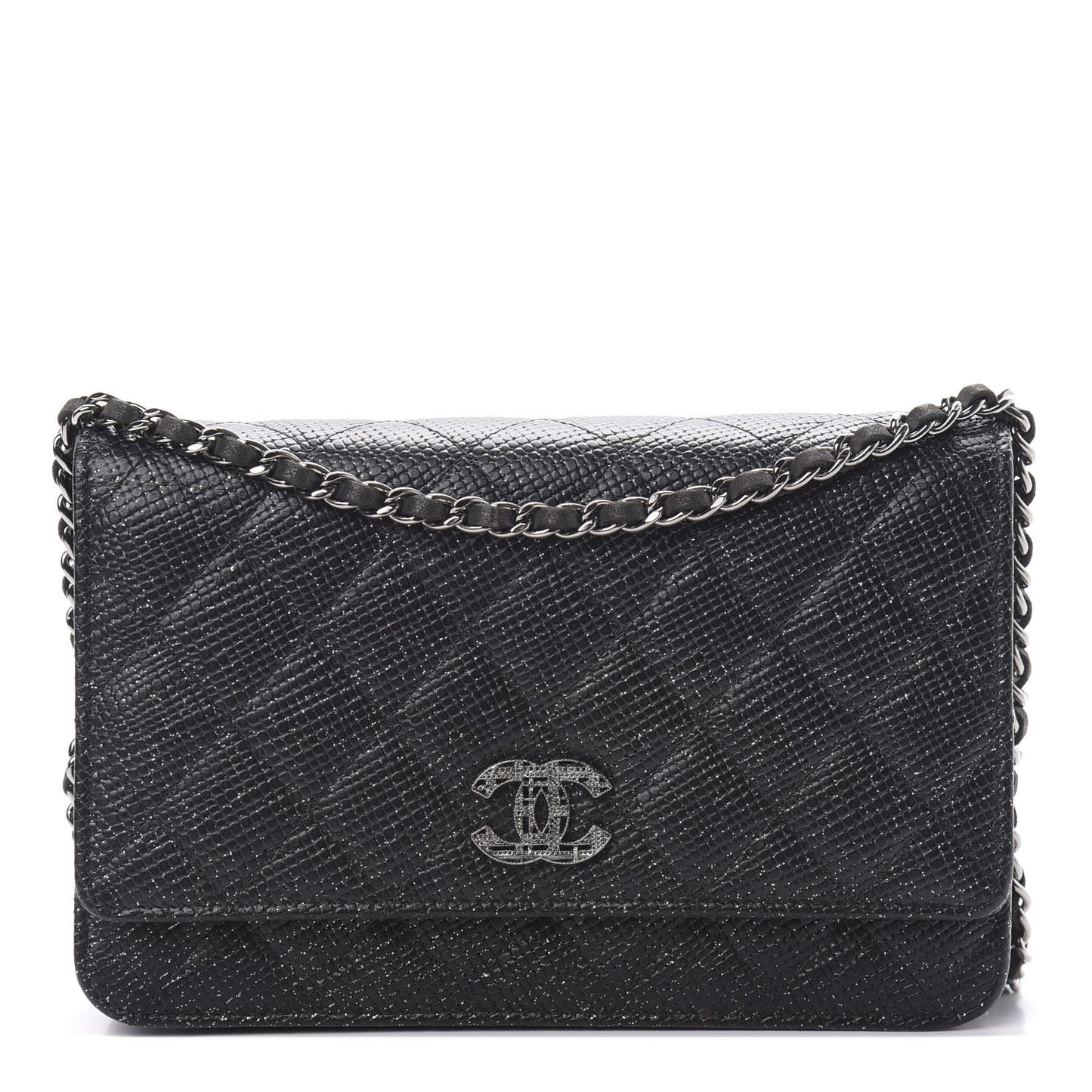 Glitter Calfskin Quilted Wallet on Chain WOC Black Silver