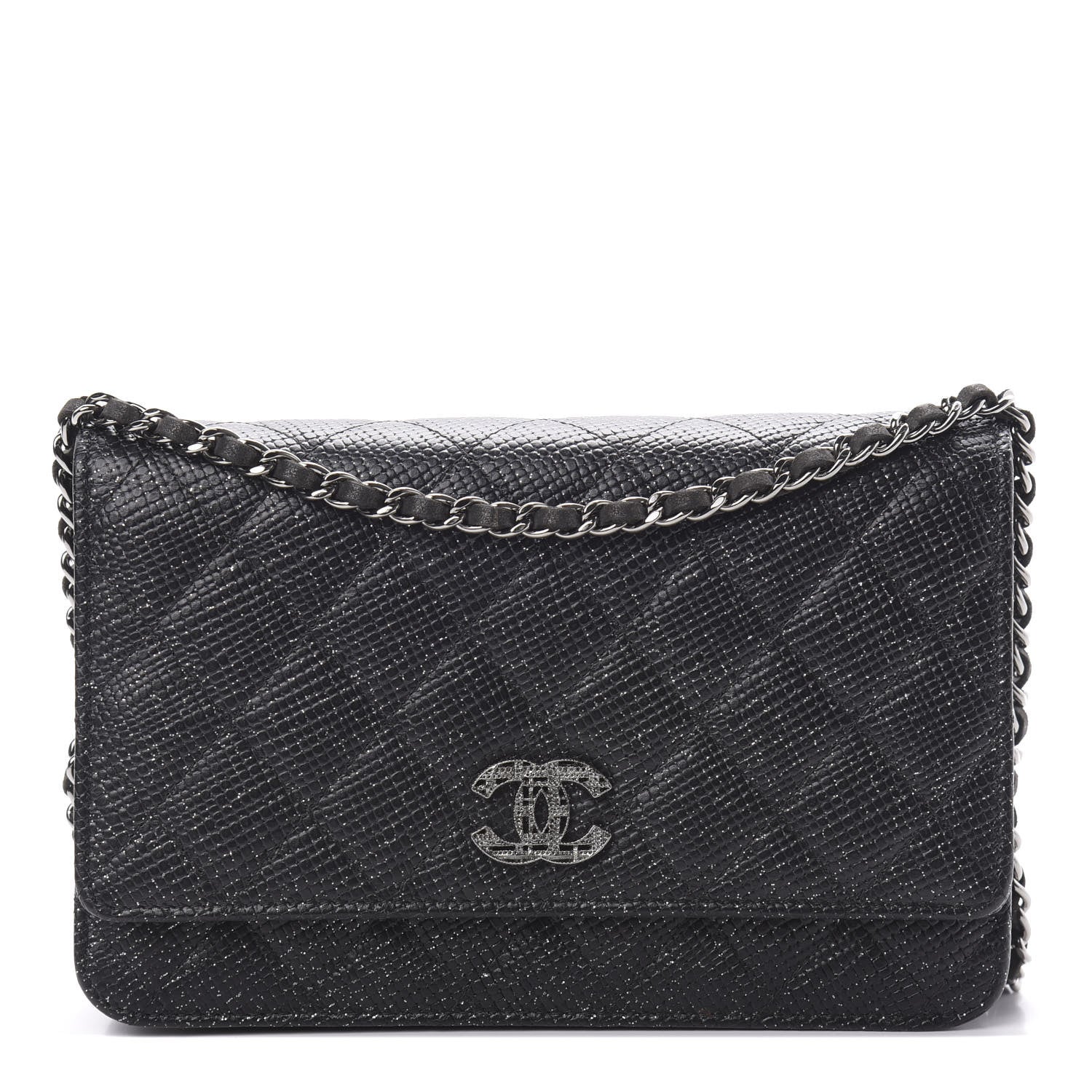 Chanel Glitter Calfskin Quilted Wallet on Chain WOC Black Silver 1 of 12