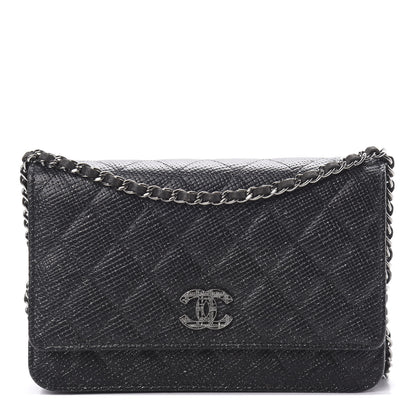 Chanel Glitter Calfskin Quilted Wallet on Chain WOC Black Silver 1 of 12