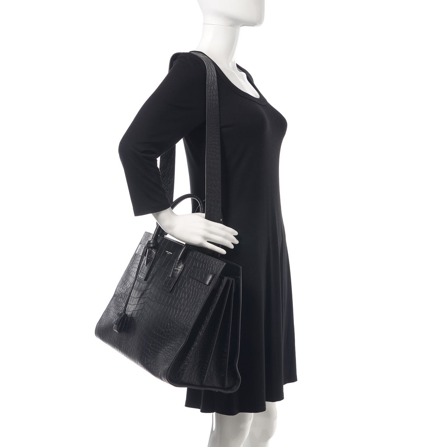 Calfskin Crocodile Embossed Large Sac De Jour Carryall Black