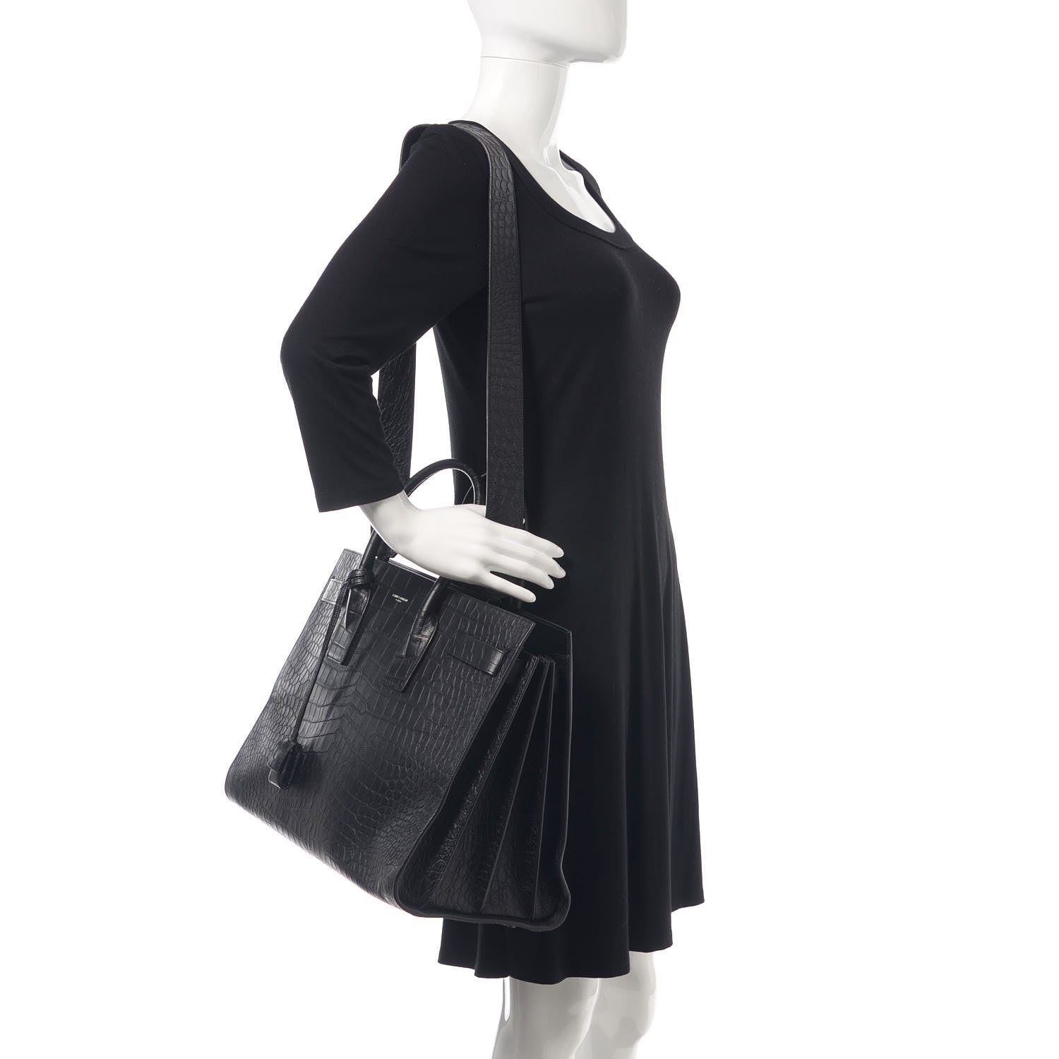 Saint Laurent Calfskin Crocodile Embossed Large Sac De Jour Carryall Black 2 of 11