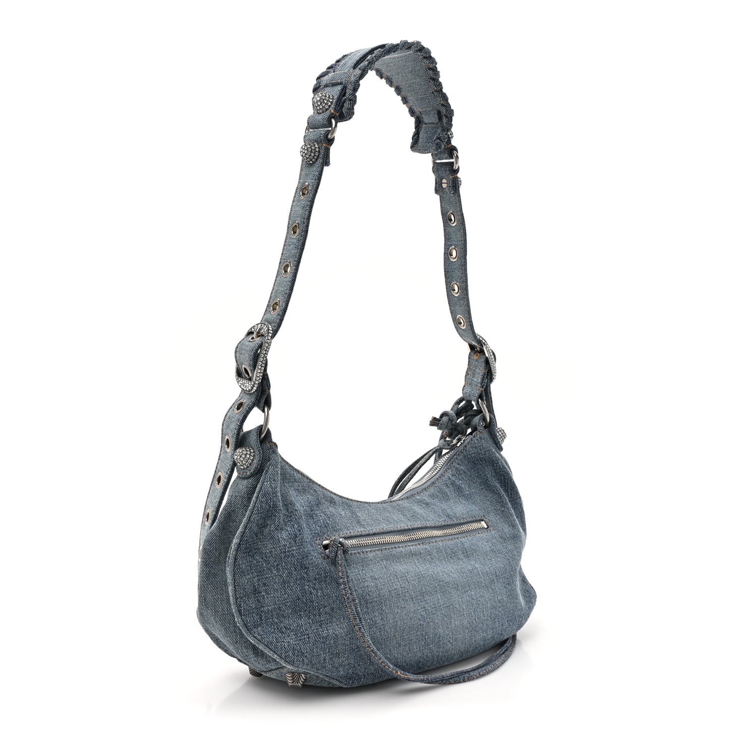Washed Frayed Denim Crystal Small Le Cagole Shoulder Bag Blue