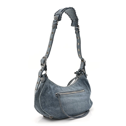 Balenciaga Washed Frayed Denim Crystal Small Le Cagole Shoulder Bag Blue 4 of 11