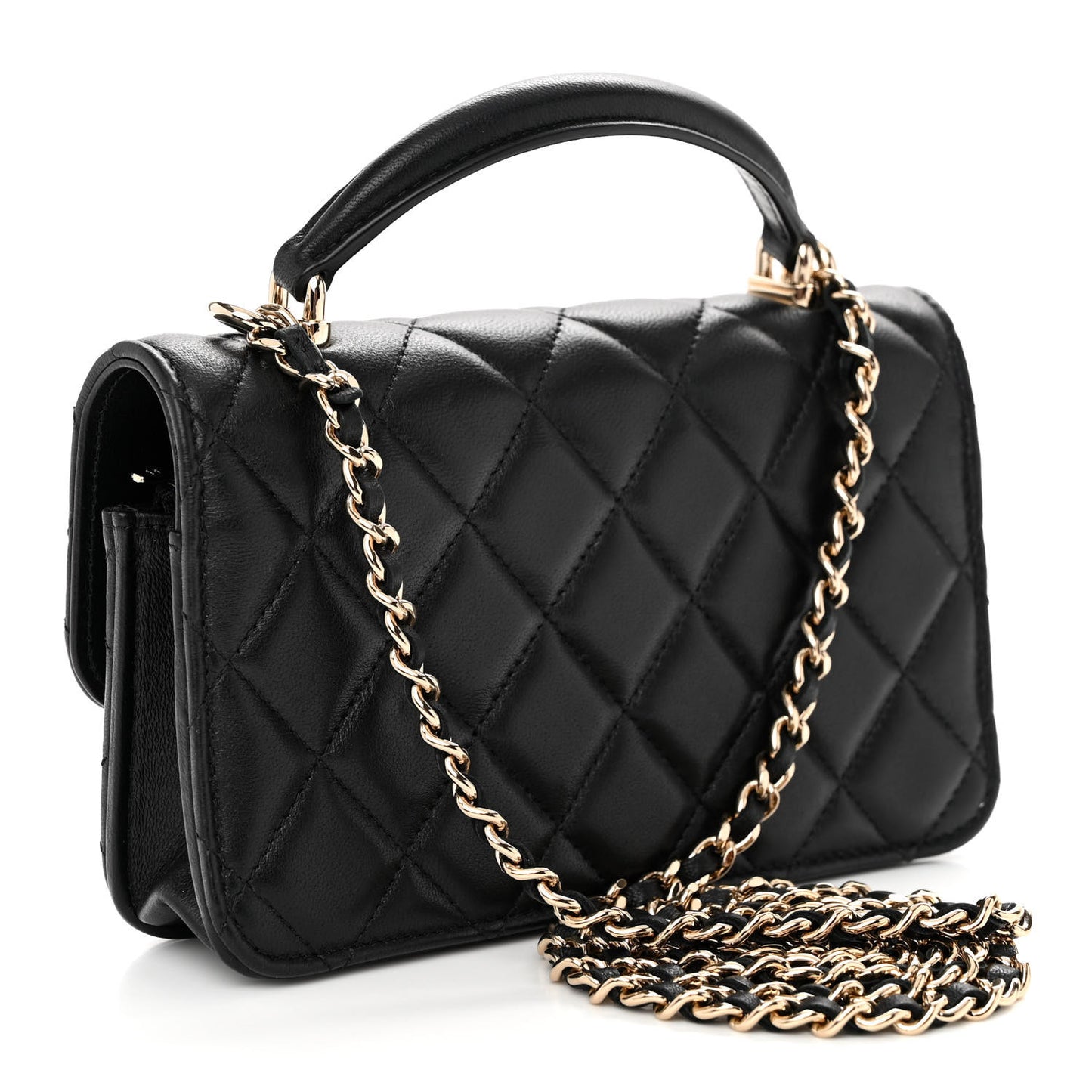 Lambskin Quilted Flap Phone Holder With Chain Black