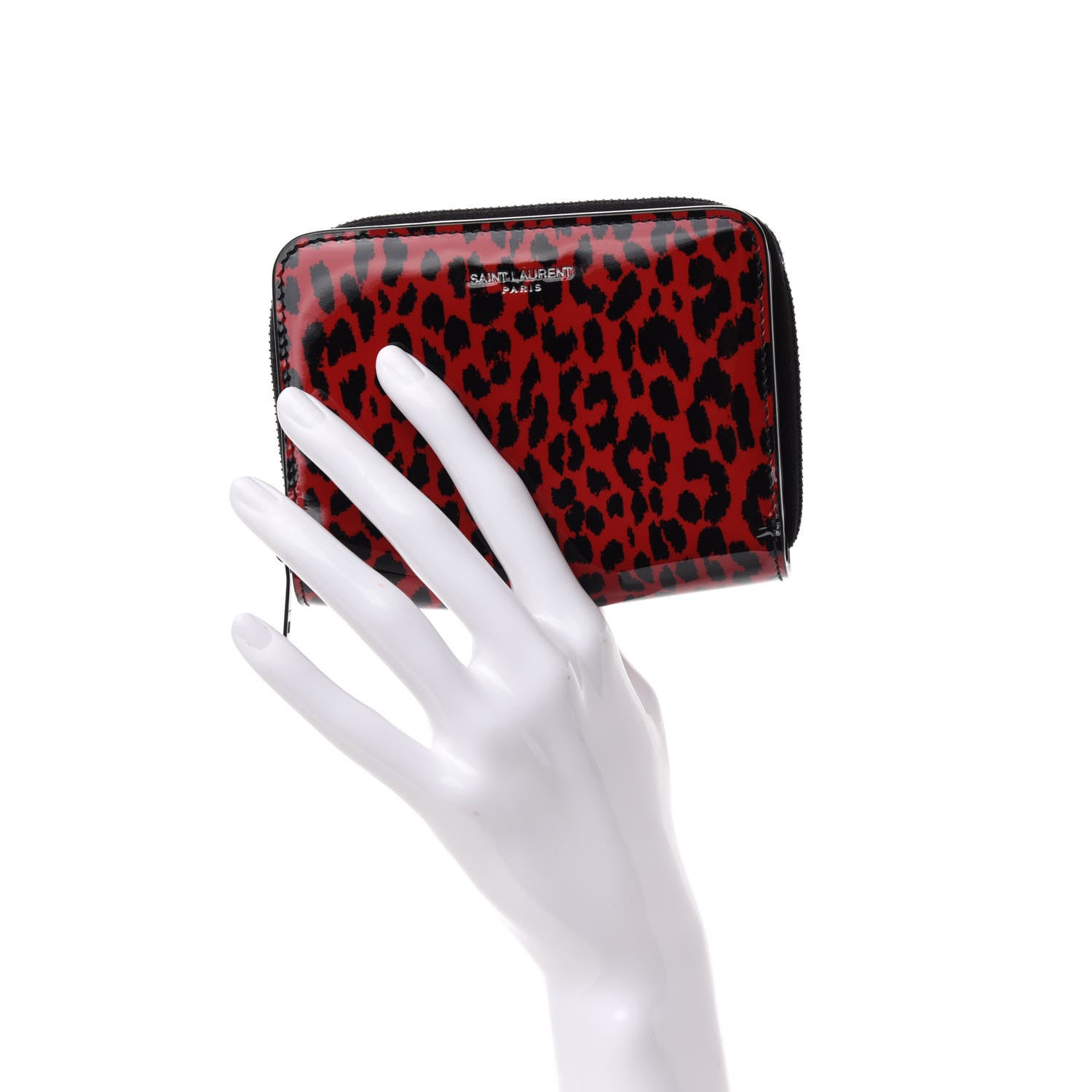 Saint Laurent Patent Leopard Print Compact Zip Around Wallet Black Red 2 of 7