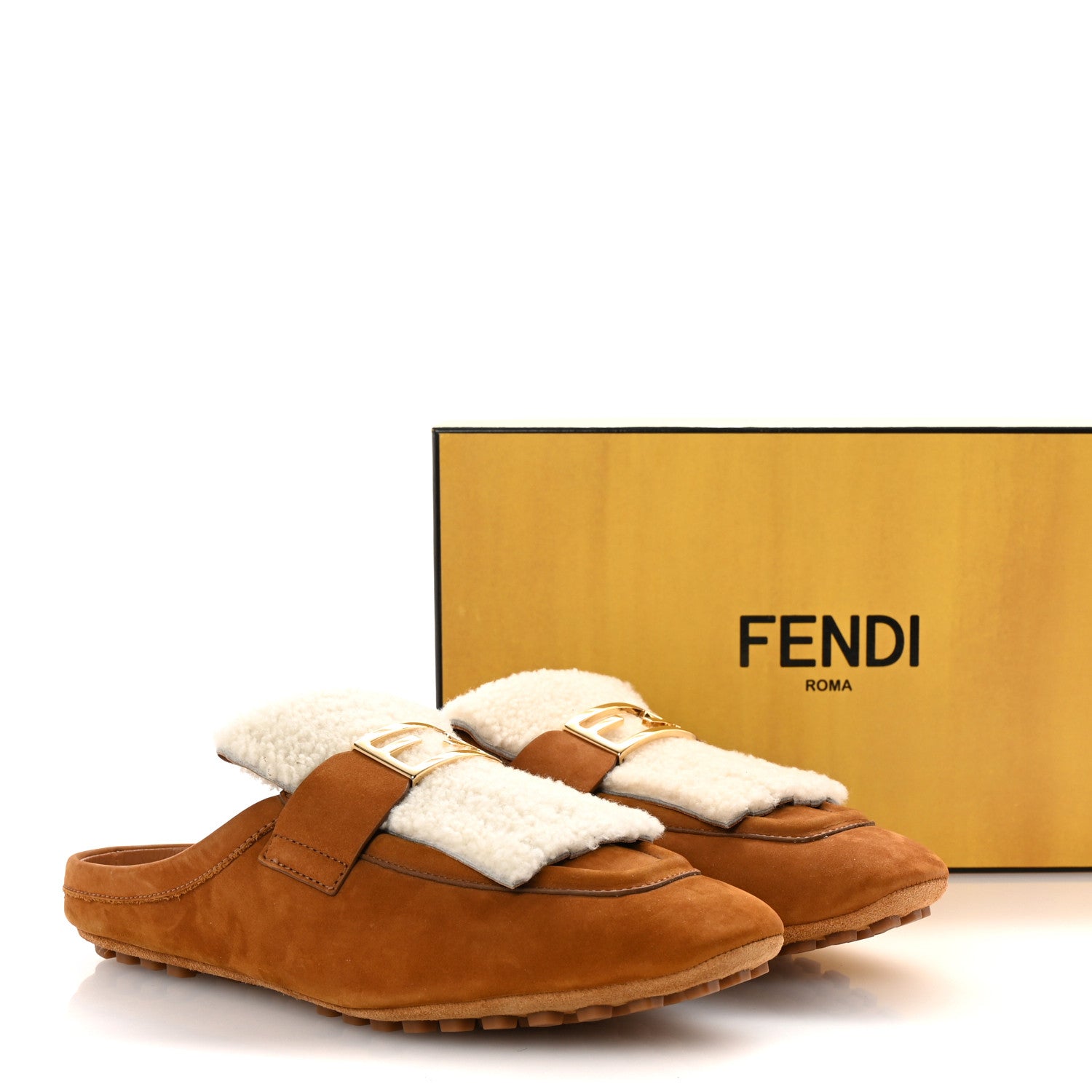 Fendi Suede Shearling Baguette Mules 38 Caramello Latte 10 of 10