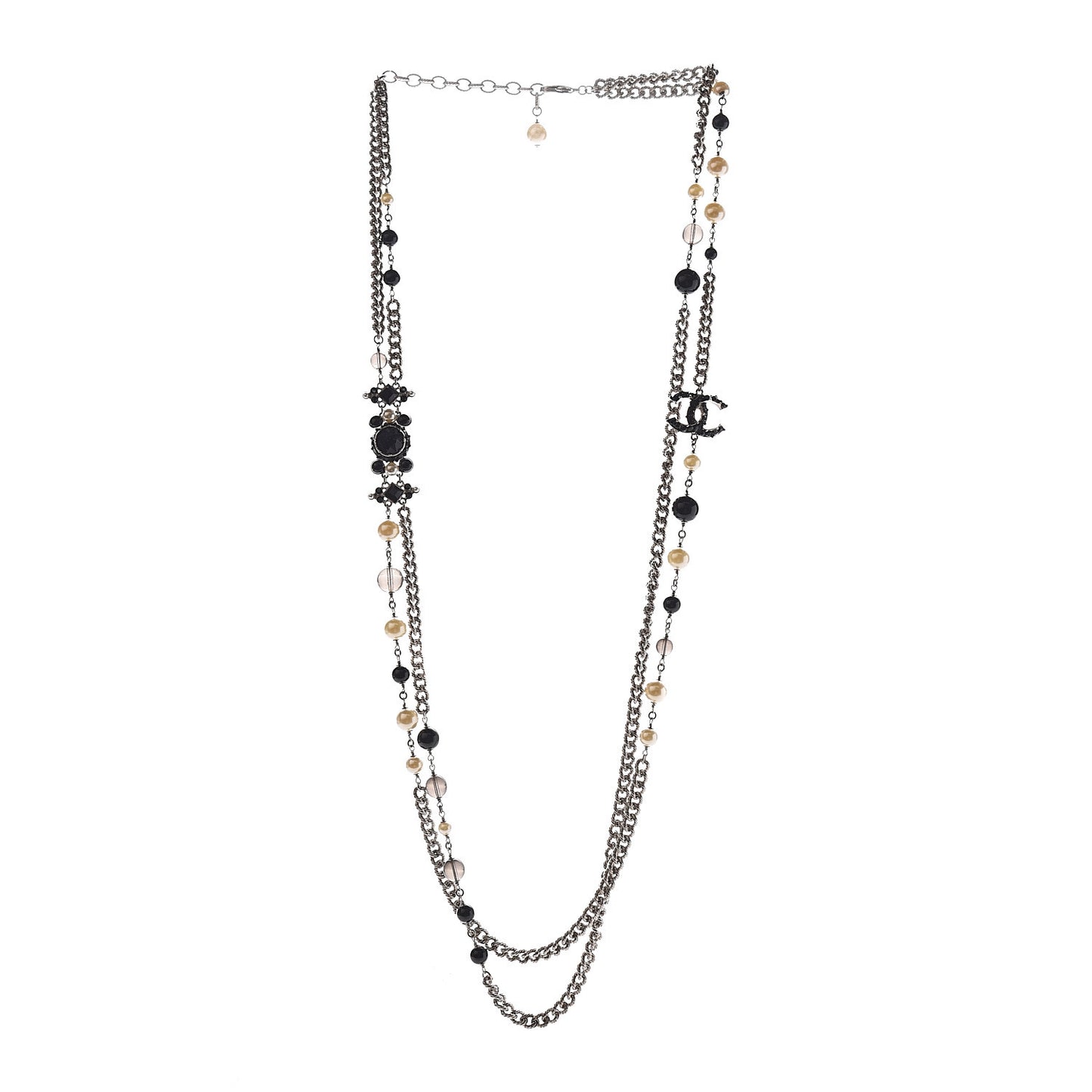 Pearl Crystal Bead CC Long Necklace Black