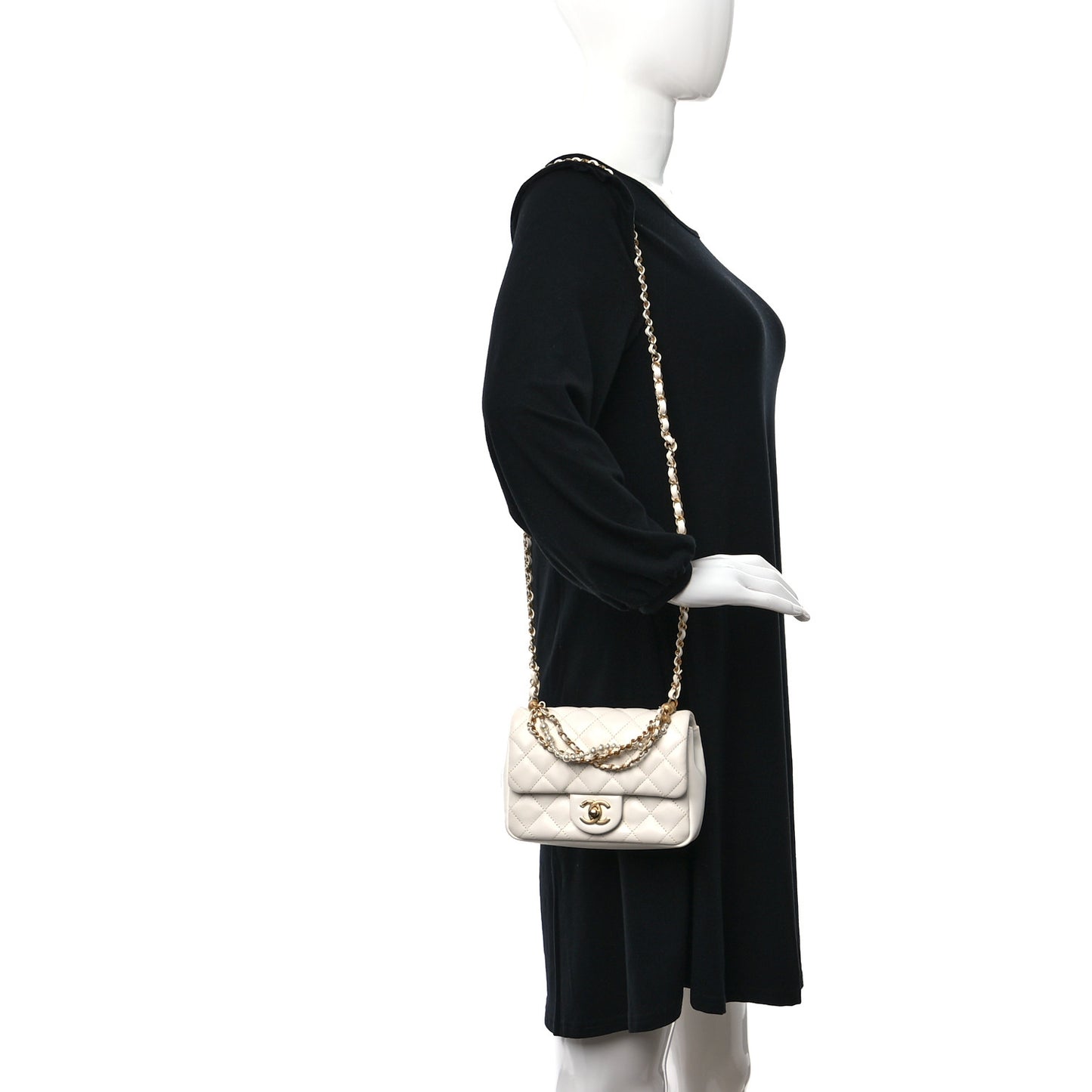 Shiny Lambskin Quilted Pearl Twist Mini Square Flap White