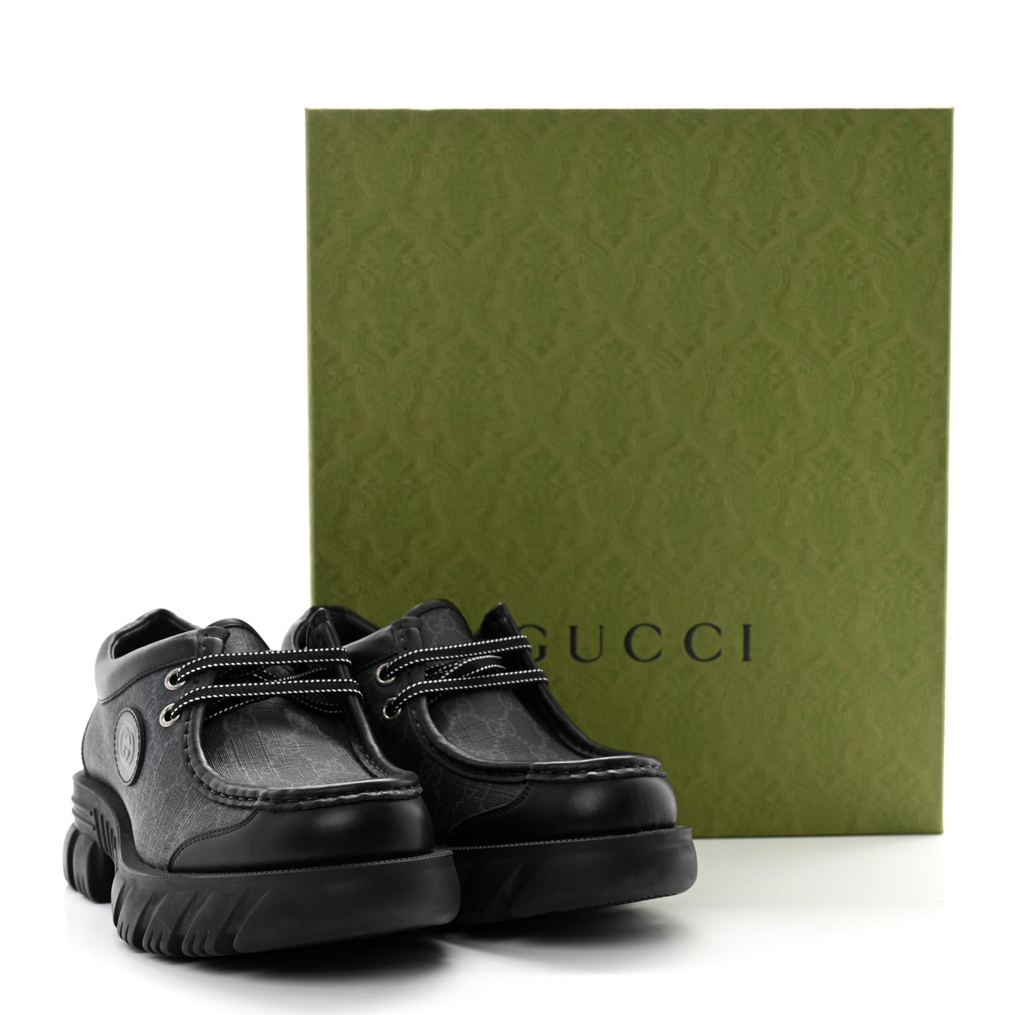 GG Supreme Monogram Quebec Calfskin Retro Interlocking G Mens Platform Derby Loafers 8.5 Black
