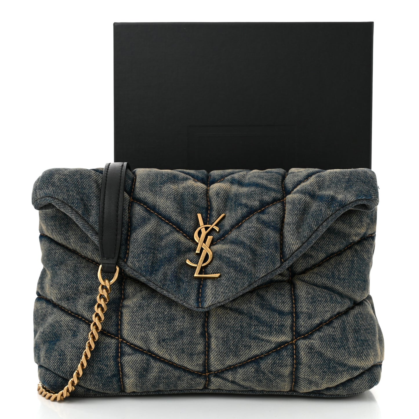 Denim Quilted Toy Loulou Puffer Monogram Chain Satchel Blue Black