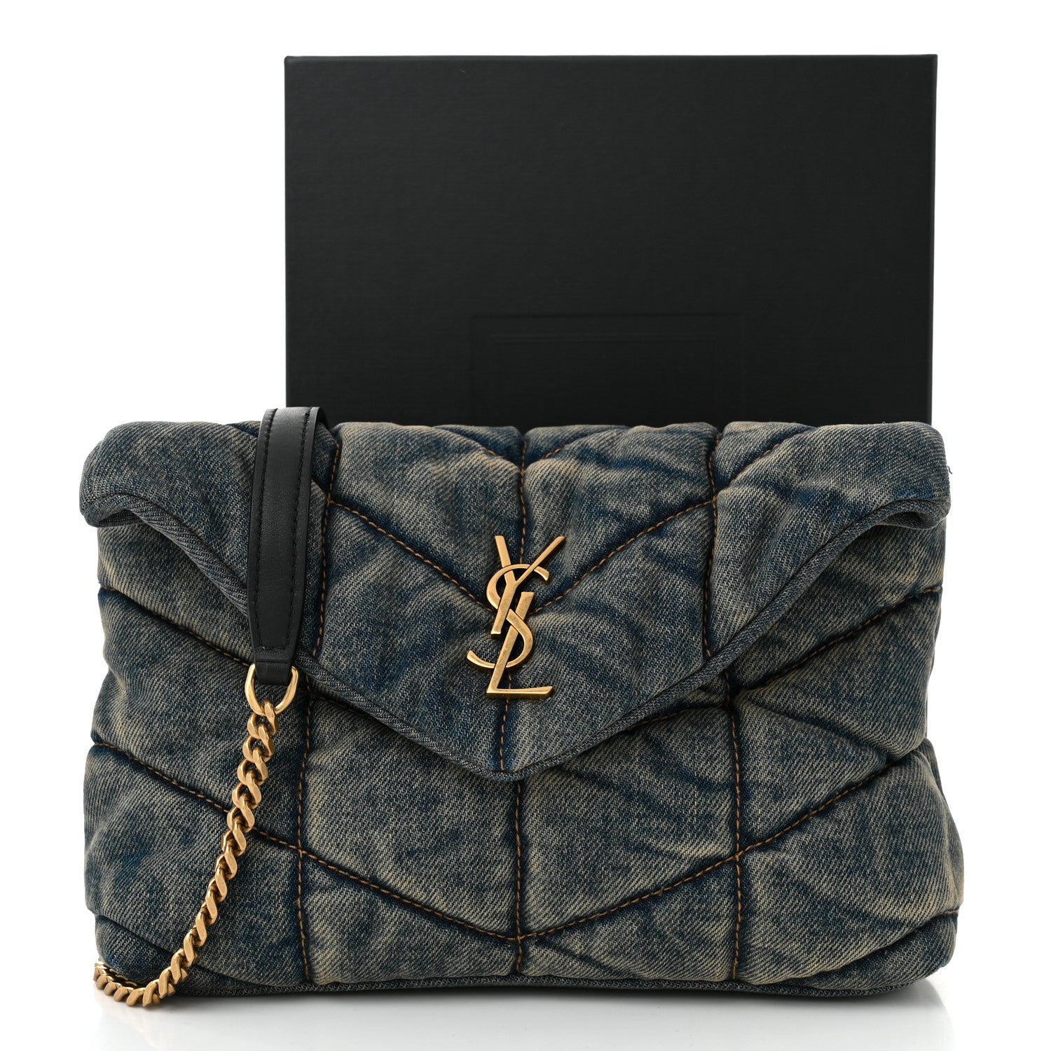 Saint Laurent Denim Quilted Toy Loulou Puffer Monogram Chain Satchel Blue Black 11 of 11