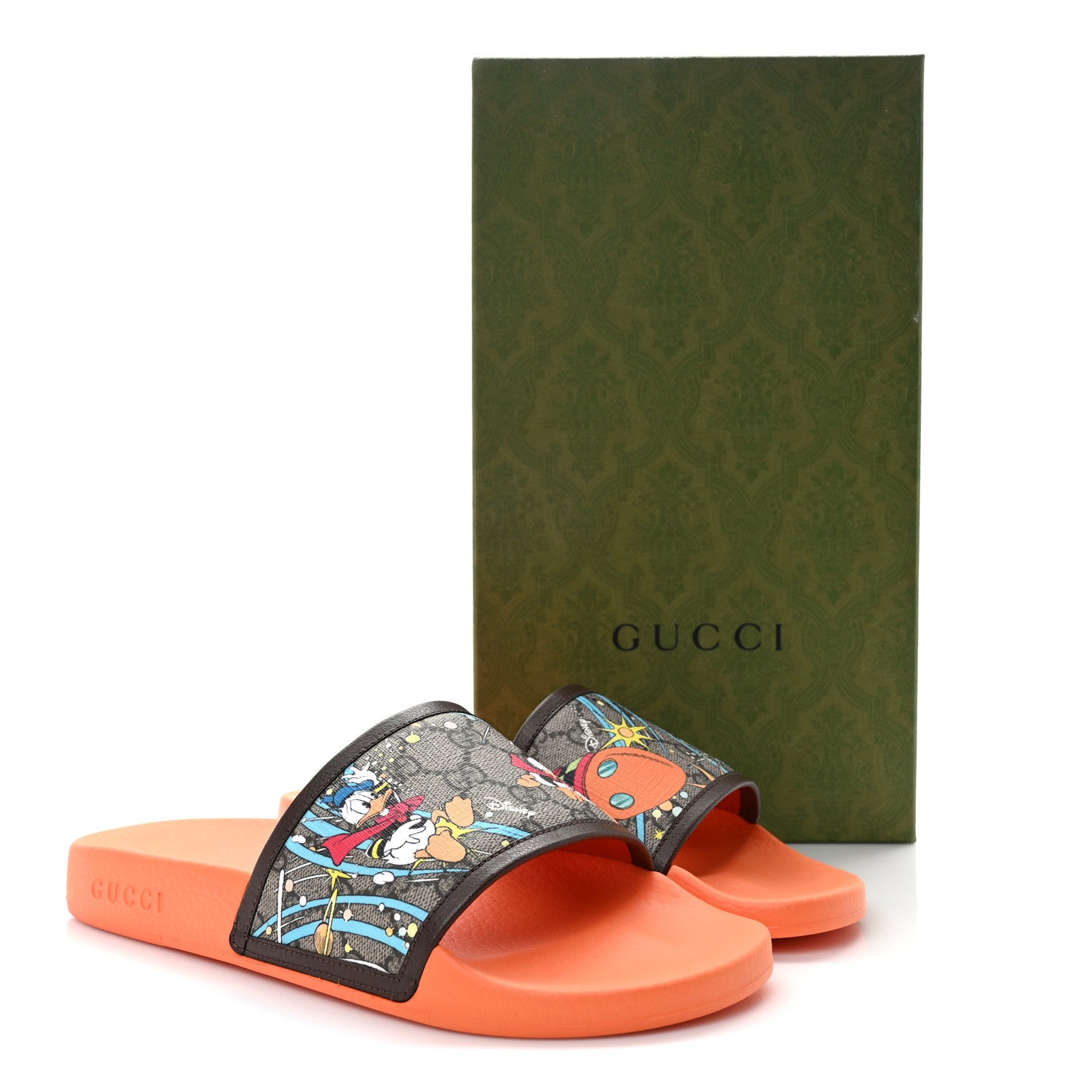 Gucci X DISNEY GG Supreme Monogram Donald Duck Mens Slide Sandals 8 Beige Ebony New 9 Acero 10 of 10