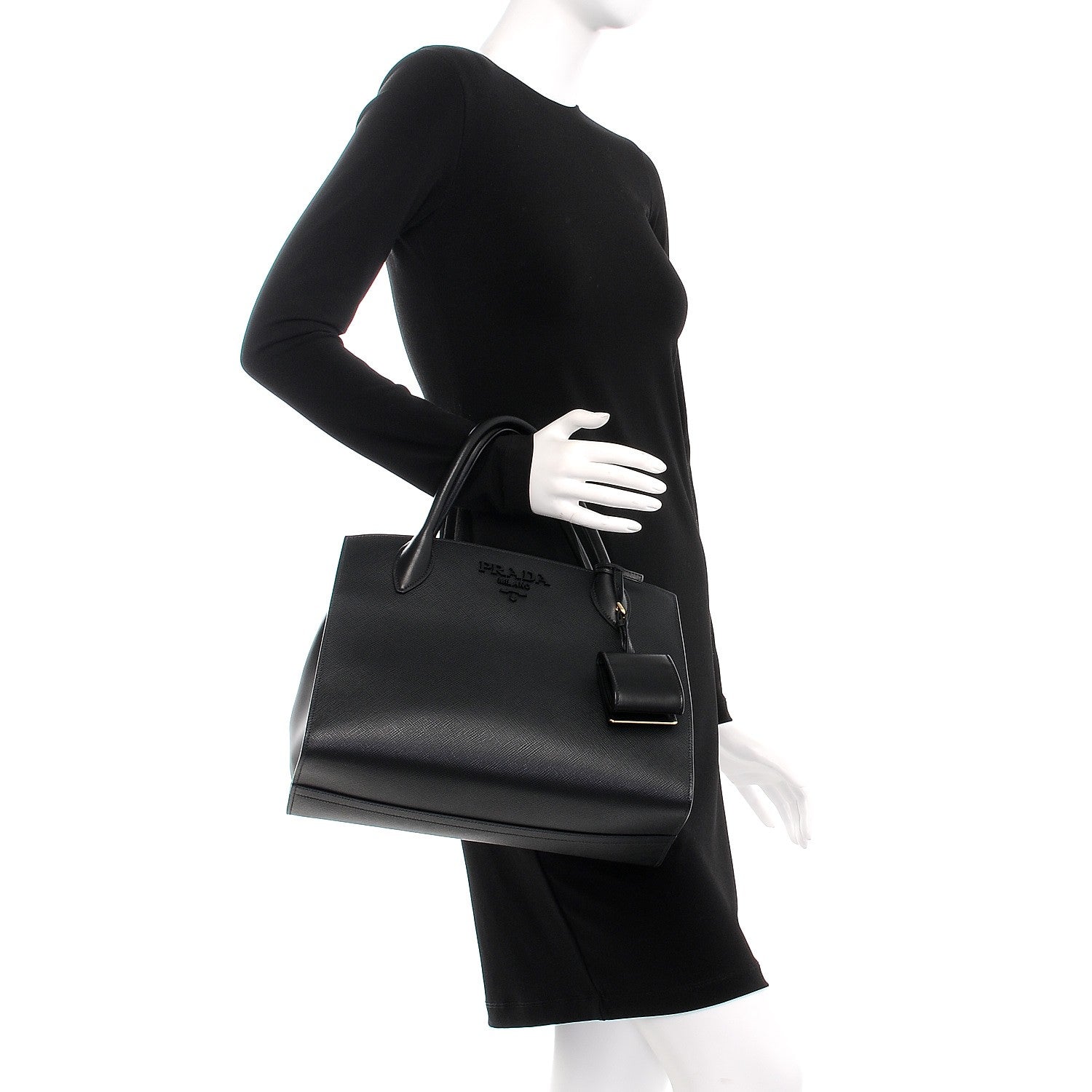 Prada Saffiano Cuir Calfskin Medium Monochrome Top Handle Tote Black 3 of 7