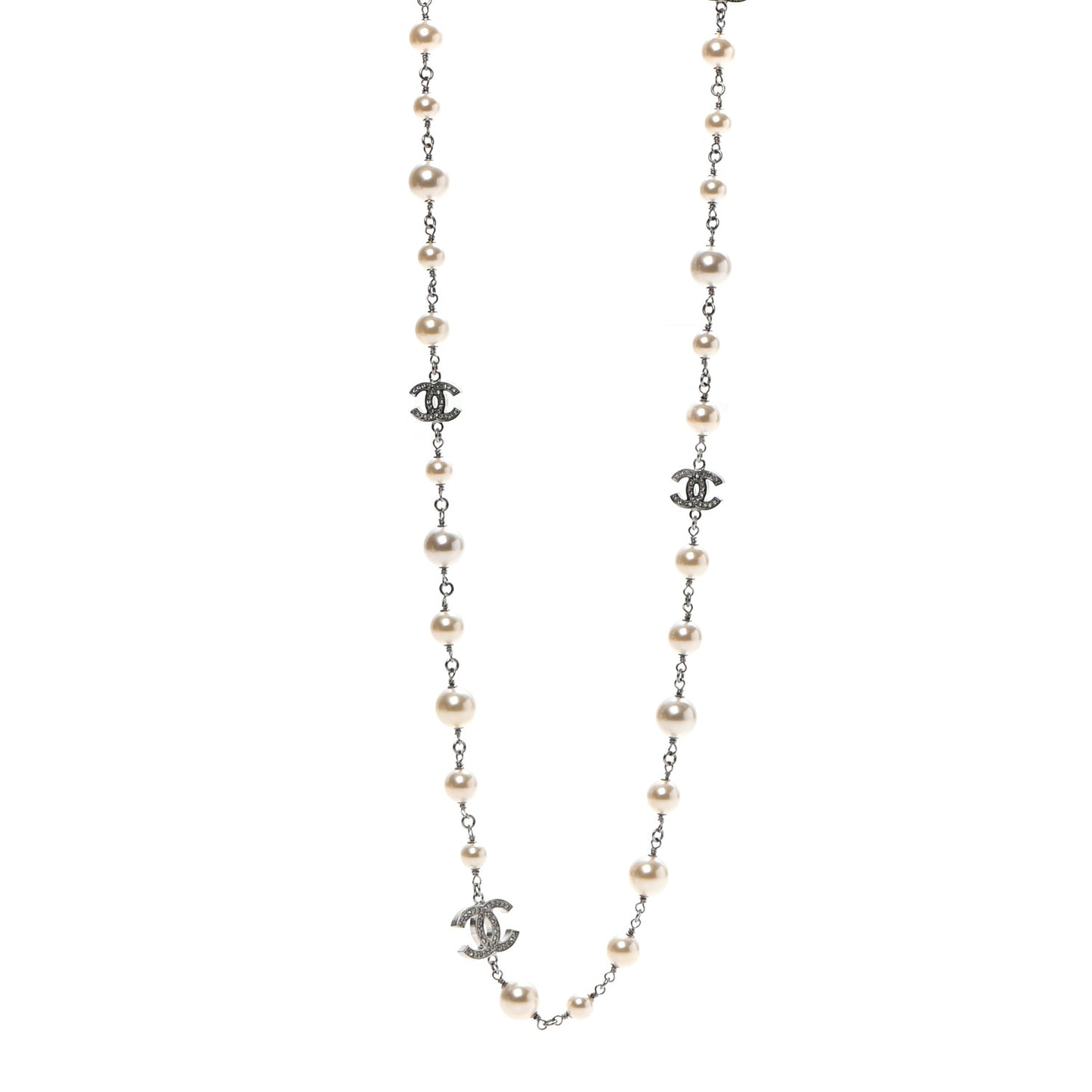 Crystal Pearl CC Long Necklace Silver