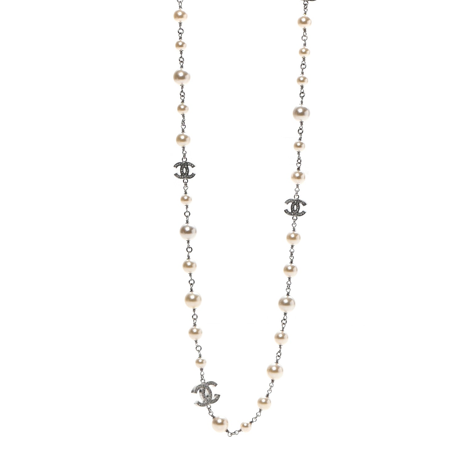 Chanel Crystal Pearl CC Long Necklace Silver 1 of 6