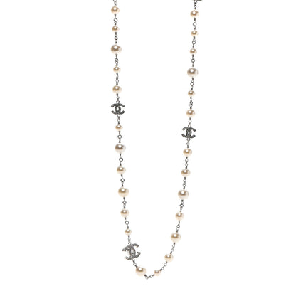 Chanel Crystal Pearl CC Long Necklace Silver 1 of 6