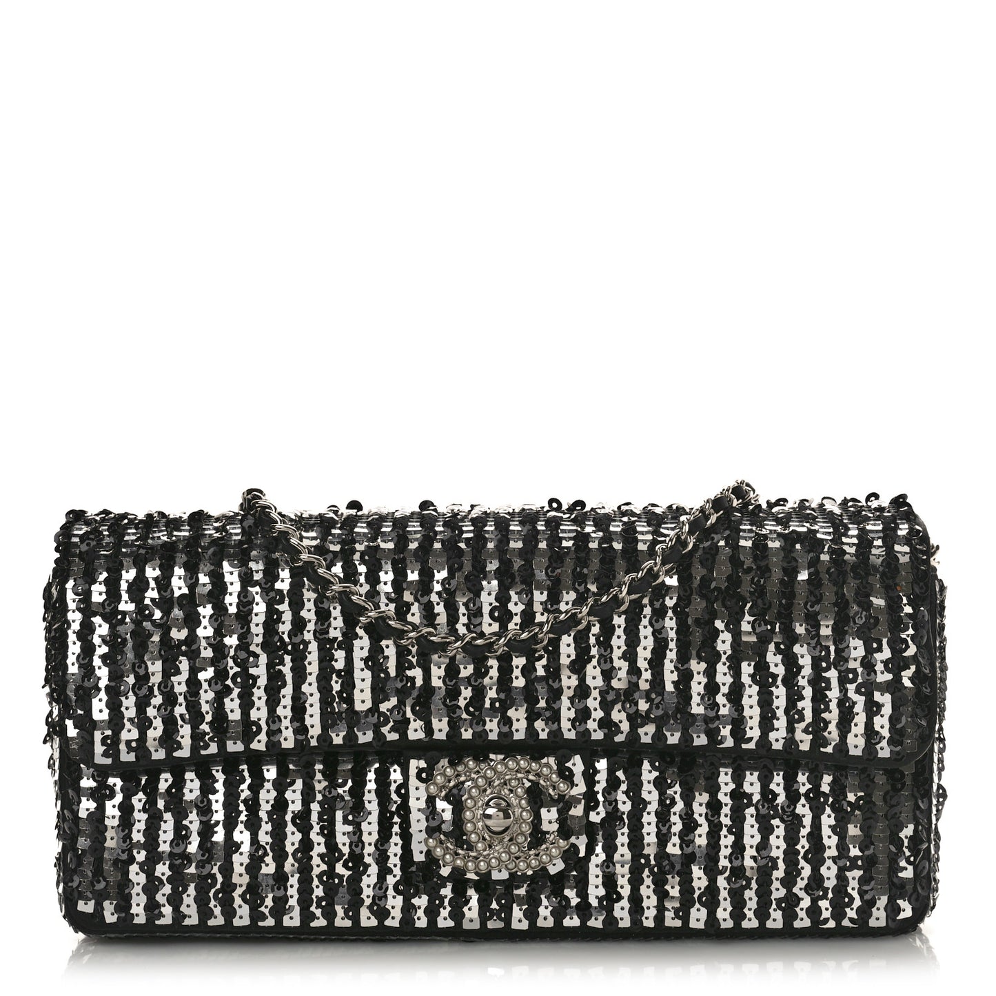 Sequin Quilted Pearl CC Flap Clutch Black
