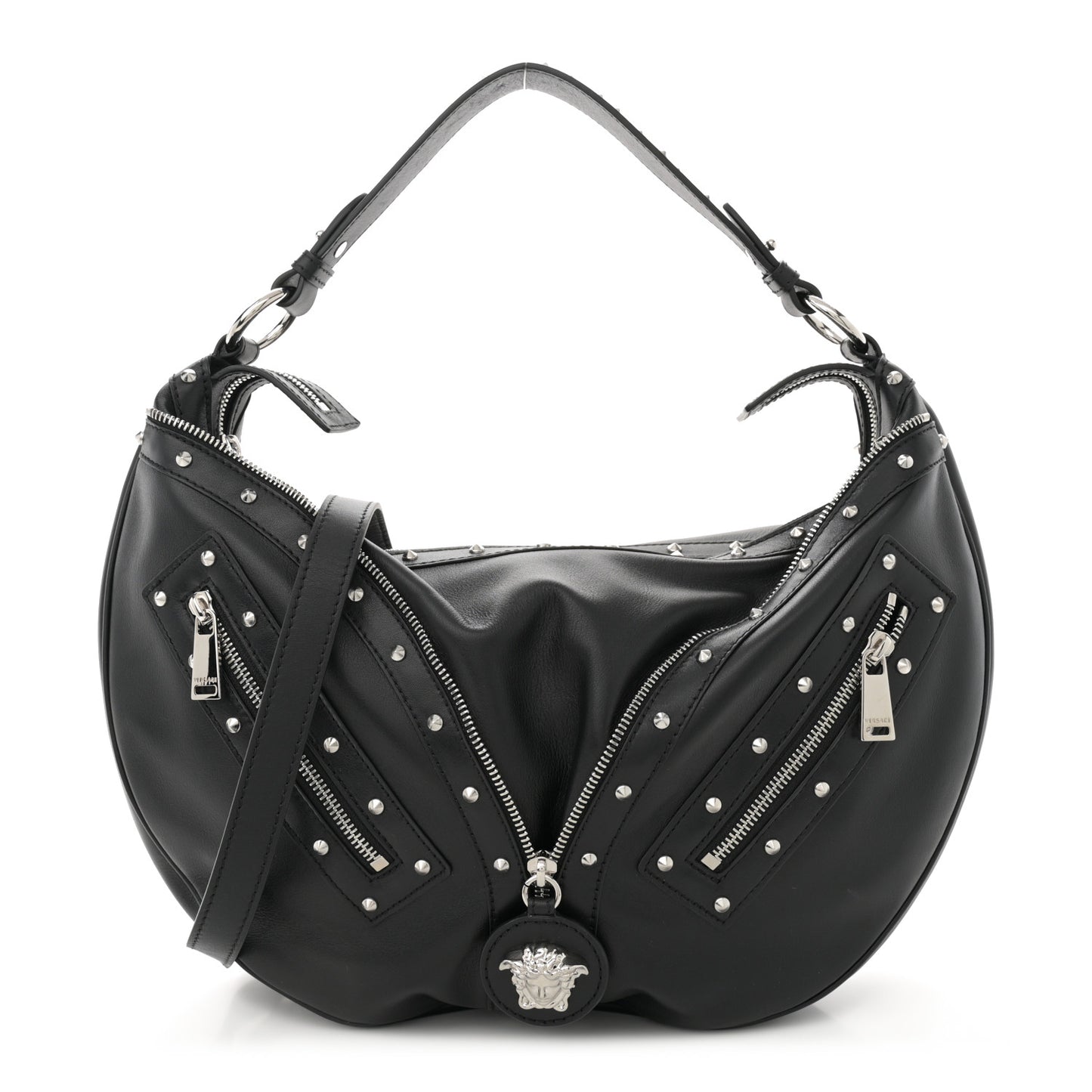 Calfskin Studded Medium Repeat Zip Hobo Black