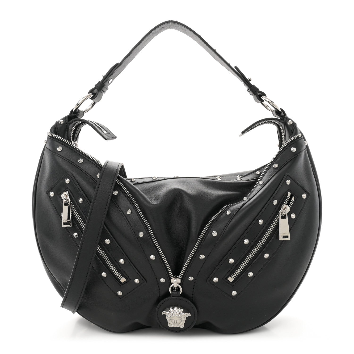 Versace Calfskin Studded Medium Repeat Zip Hobo Black 1 of 11