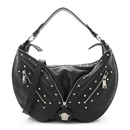 Versace Calfskin Studded Medium Repeat Zip Hobo Black 1 of 11