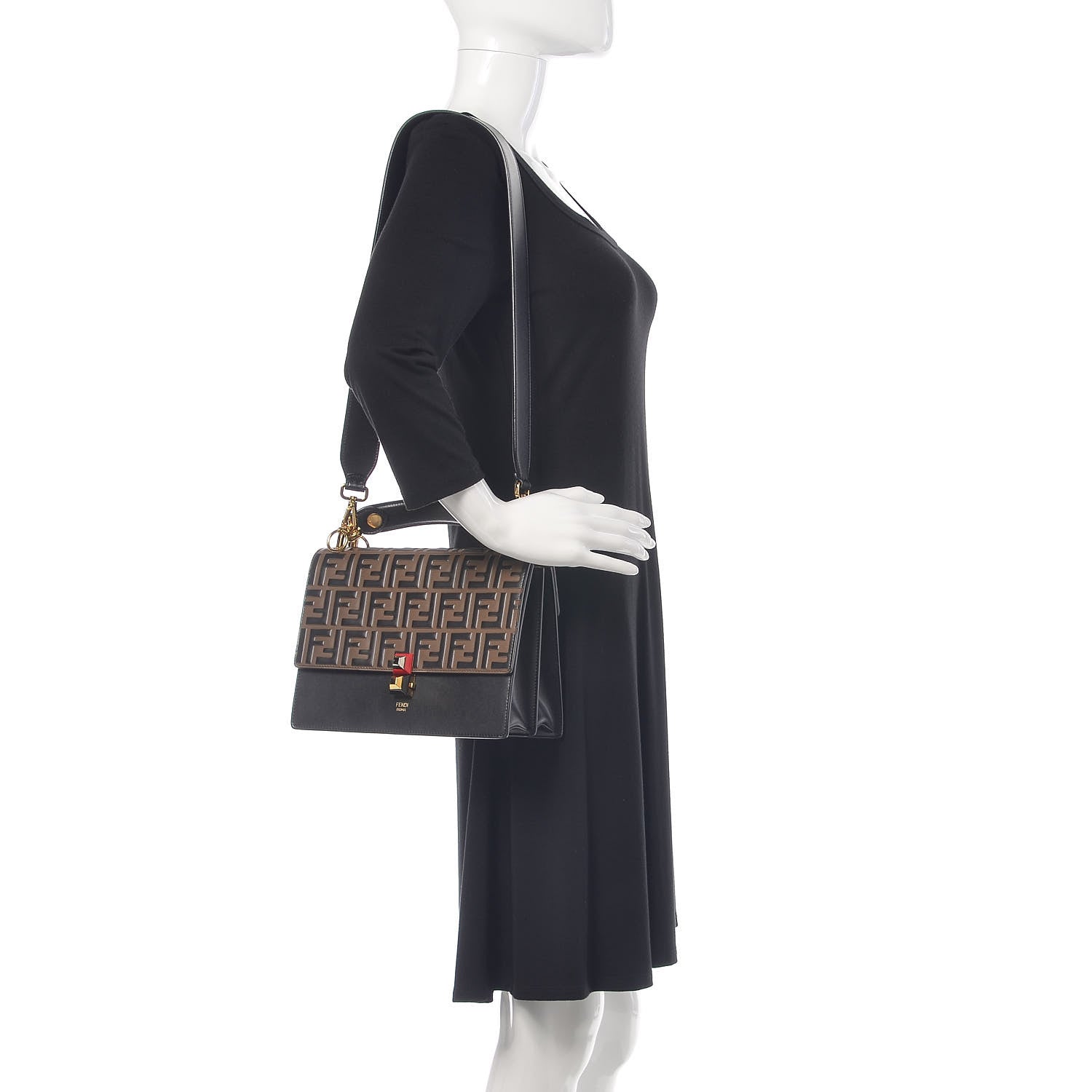 Fendi Vitello Liberty Bi-Color FF 1974 Embossed Kan I Shoulder Bag Black Maya 2 of 9