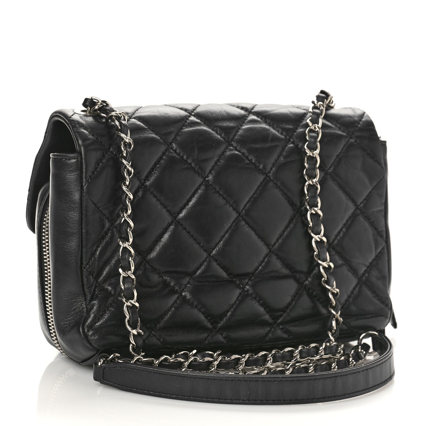 Aged Calfskin Quilted Express Zip Around Flap Black