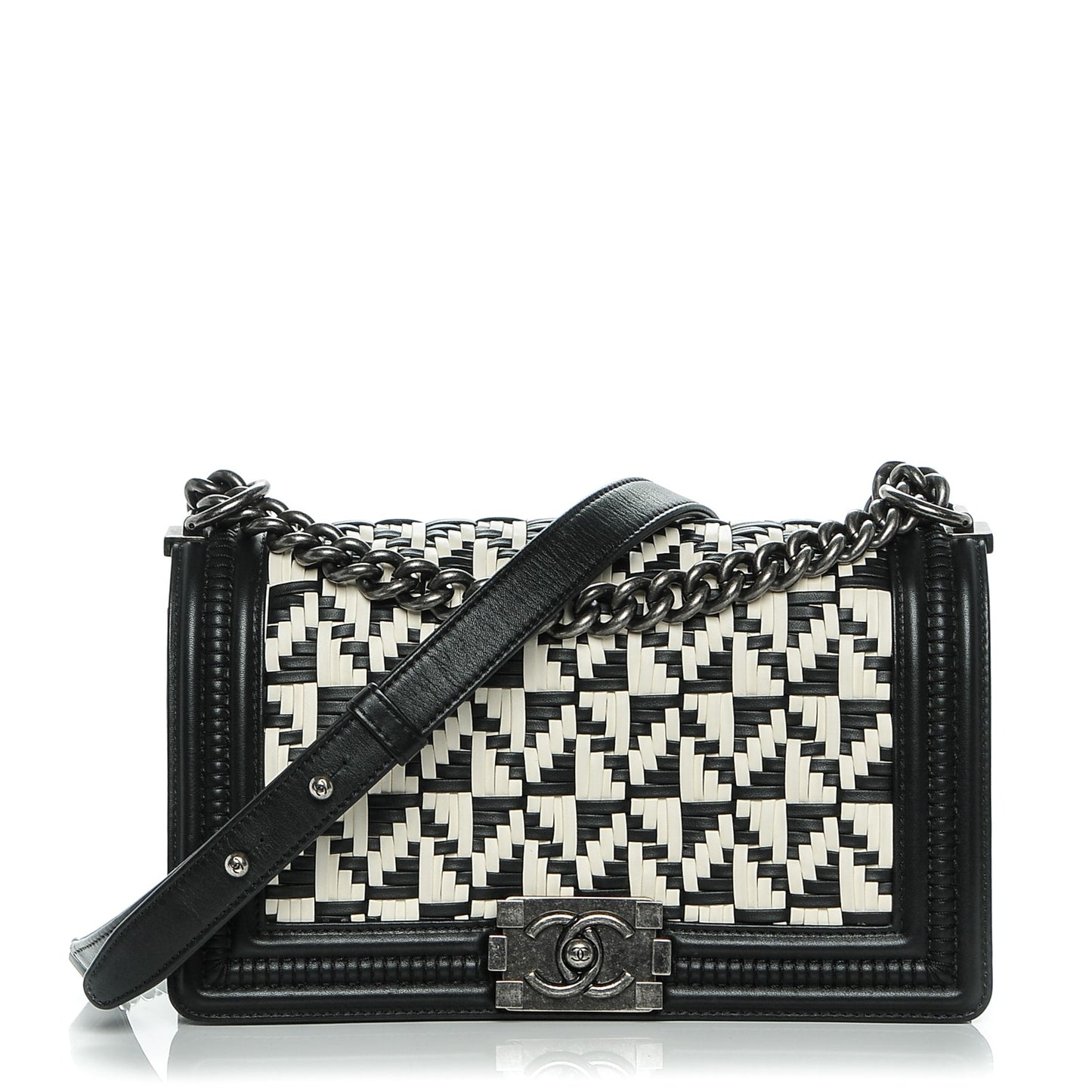 Calfskin Woven Medium Boy Flap Black White