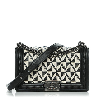 Chanel Calfskin Woven Medium Boy Flap Black White 1 of 9