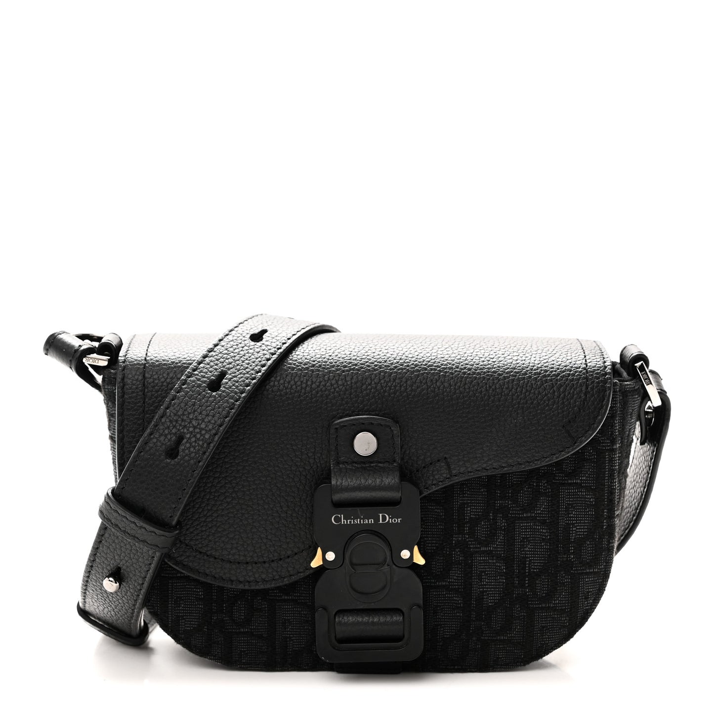 Oblique Jacquard Grained Calfskin Mini Saddle Messenger Bag With Flap Black