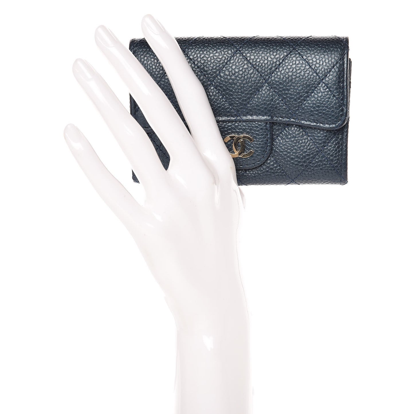 Metallic Caviar Quilted Flap Card Holder Dark Blue
