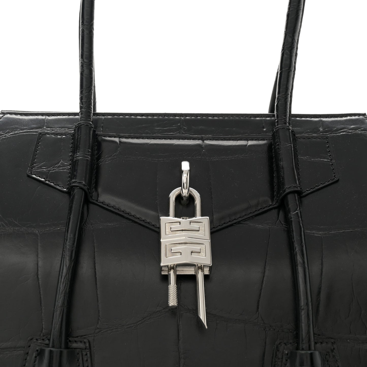 Calfskin Crocodile Embossed Medium Lock Antigona Black