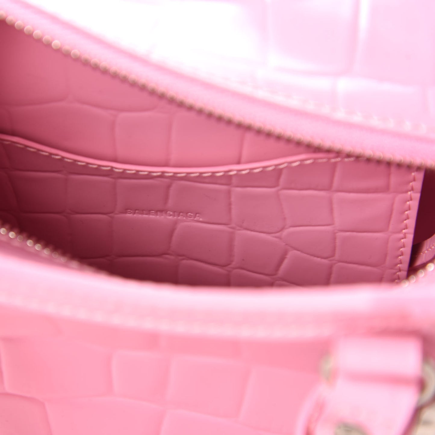 Semi Shiny Calfskin Crocodile Embossed Neo Classic Silver Hardware Mini City Pink