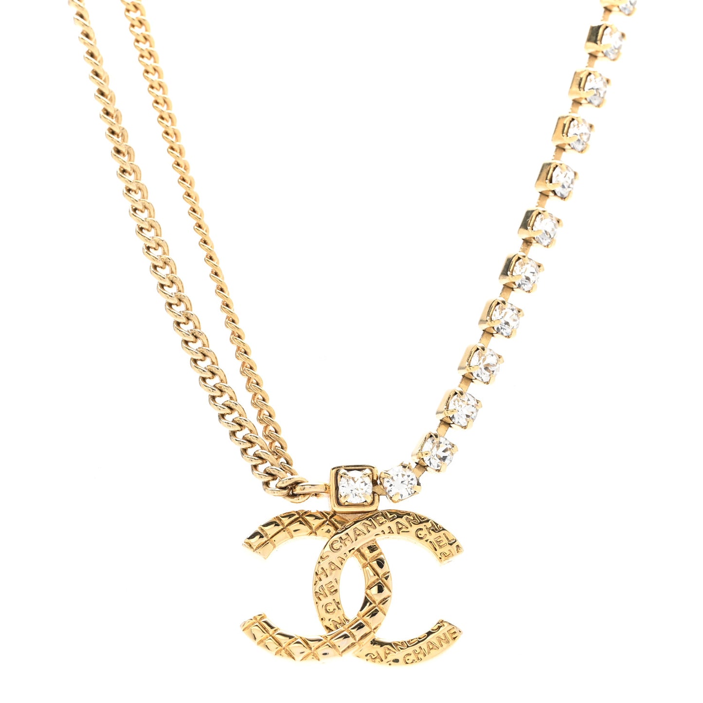 Metal Crystal Quilted CC Pendant Necklace Gold