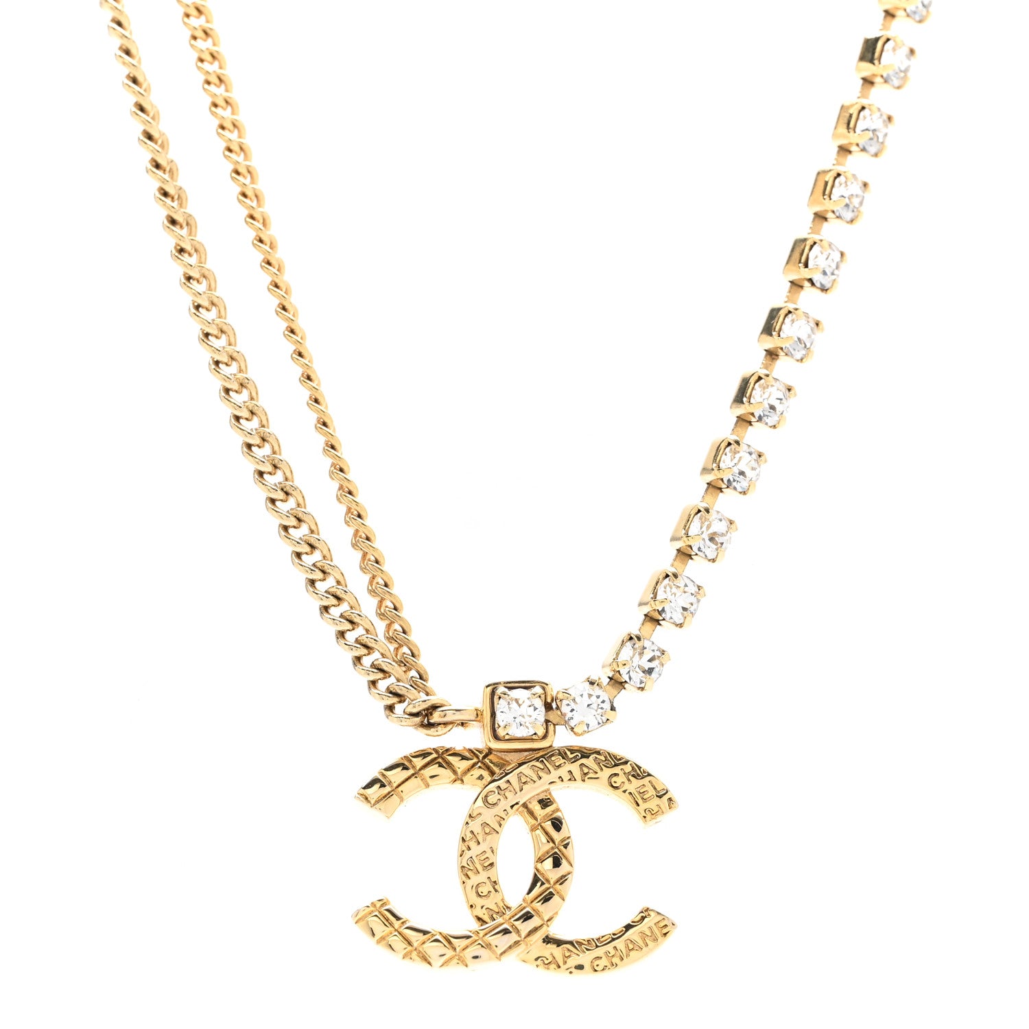 Chanel Metal Crystal Quilted CC Pendant Necklace Gold 4 of 6