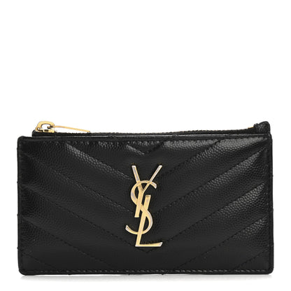 Saint Laurent Monogram Grain de Poudre 5 Fragments Zip Pouch Card Holder Black 1 of 16