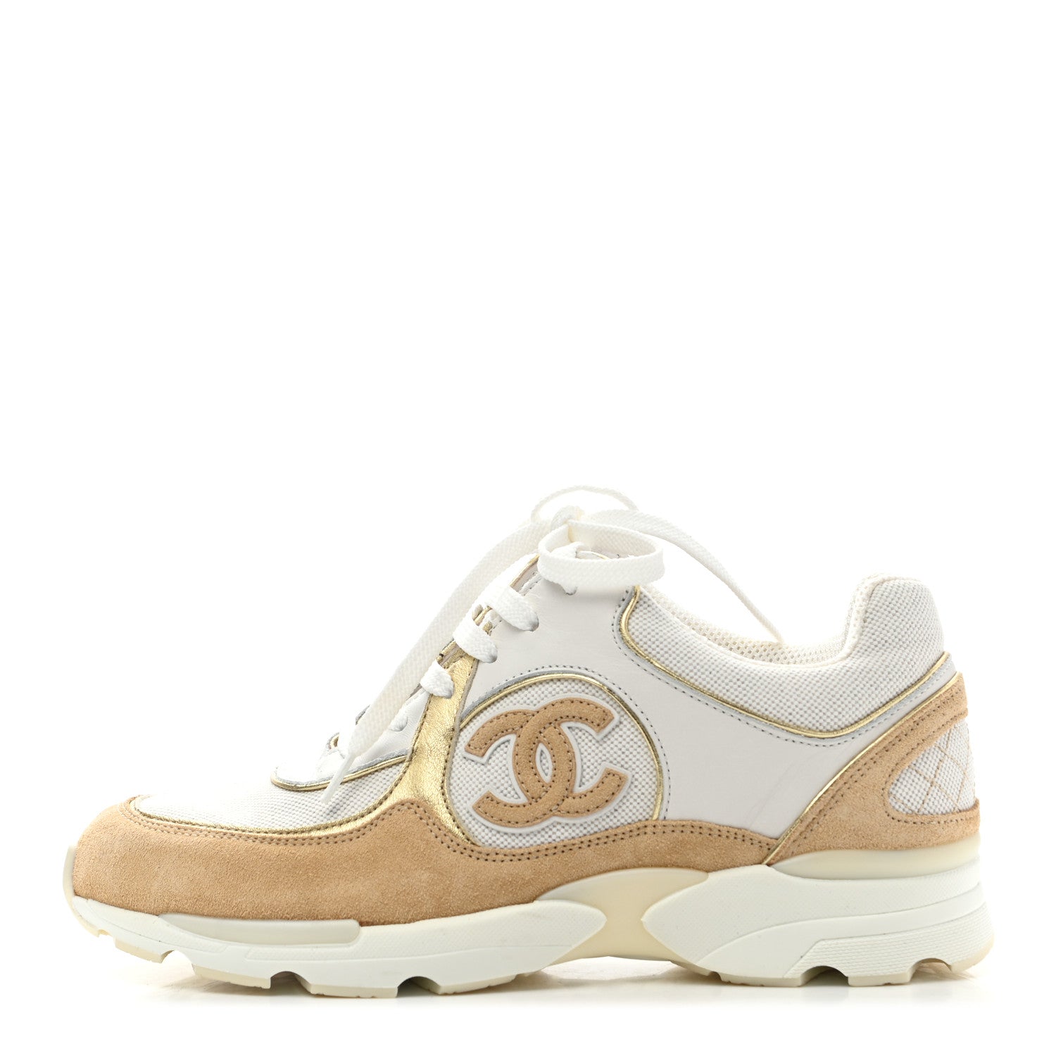 Chanel Suede Calfskin CC Sneakers 36.5 Beige Gold 1 of 8