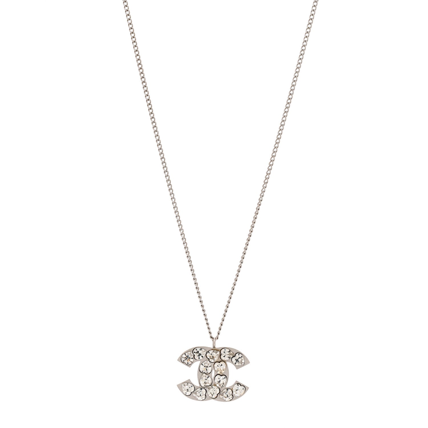 Chanel Crystal Heart CC Necklace Silver 1 of 7