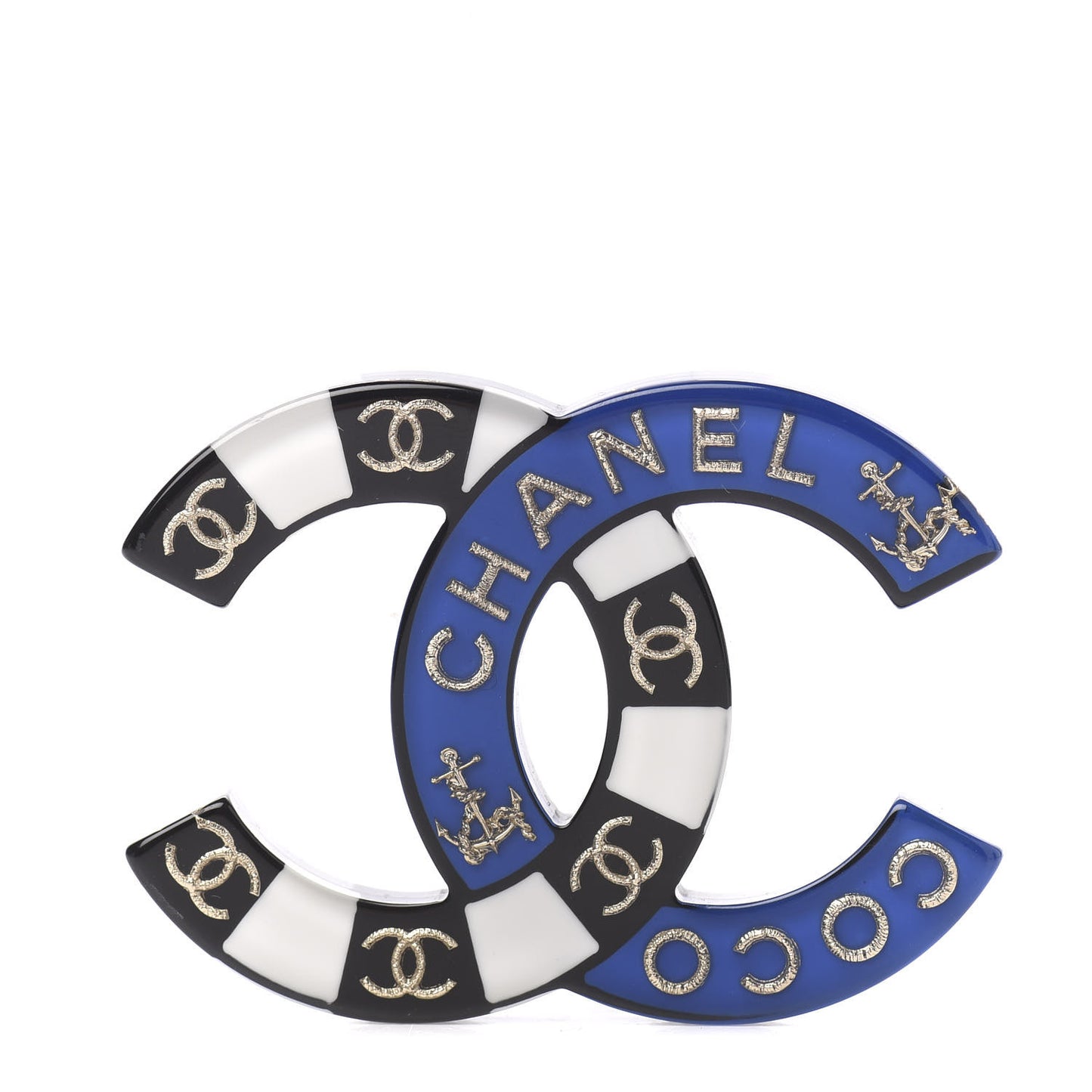 Crystal Enamel Stripe CC Brooch Gold Blue White