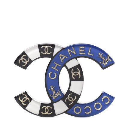 Chanel Crystal Enamel Stripe CC Brooch Gold Blue White 1 of 3