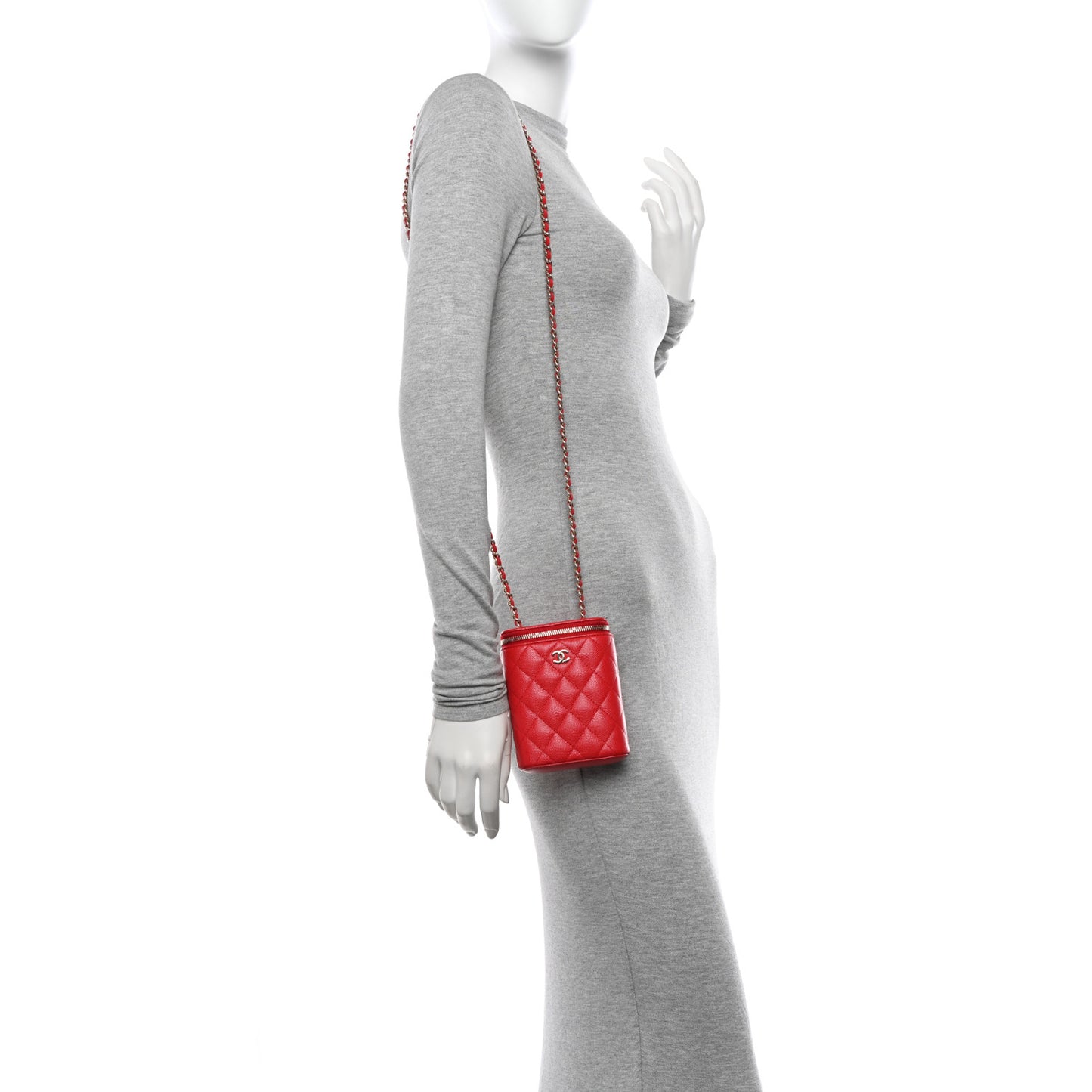 Caviar Quilted Small Vertical Coco Beauty Vanity Case With Chain Red