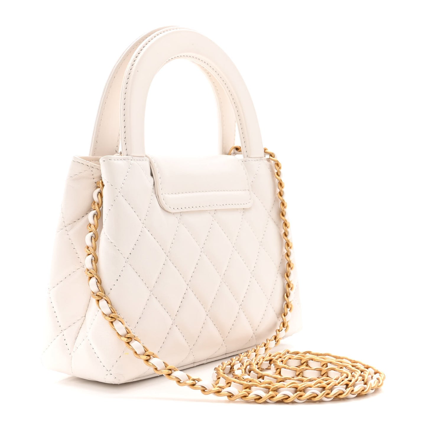 Shiny Aged Calfskin Quilted Nano Kelly Shopper White