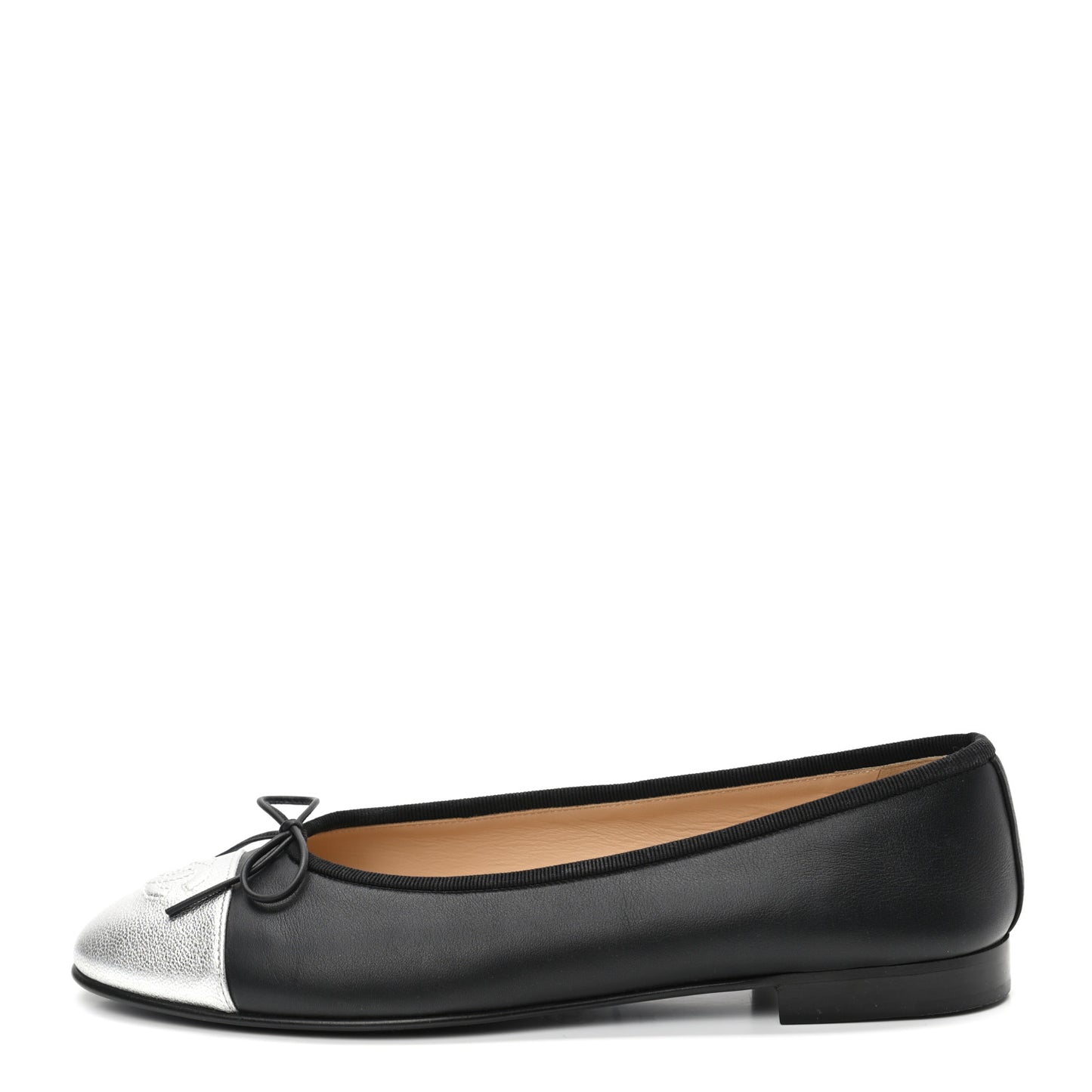 Calfskin Metallic Goatskin CC Cap Toe Ballerina Flats 38.5 Black Silver
